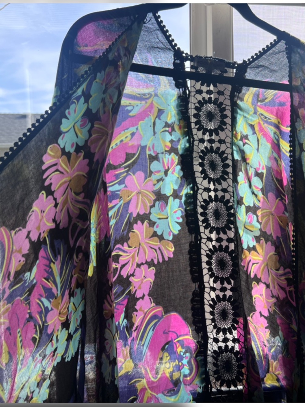 Woven Heart Gorgeous Black Floral Fringe Kimono with Pink & Teal Flowers - Picture 6 of 10